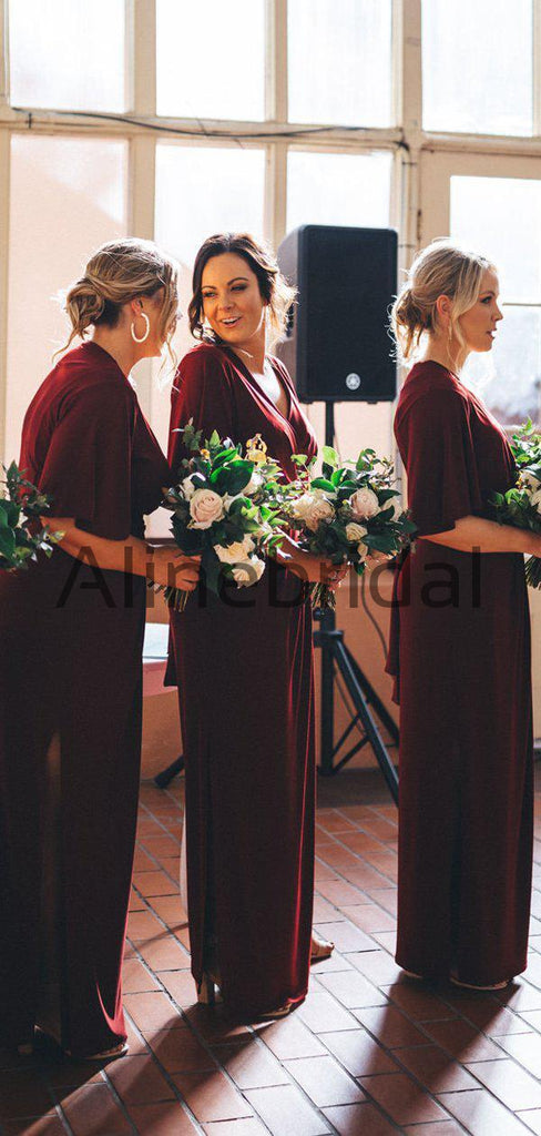 Burgundy V-neck Half Sleeve Plus Size Bridesmaid Dresses, AB4106