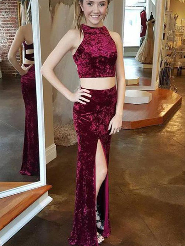Burgundy Velvet Two Piece Open Back Sheath Prom Dresses PD00335