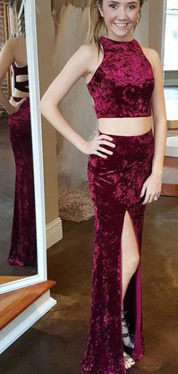 burgundy two piece prom dress Burgundy Illusion Two-piece Slit Prom Party Dress