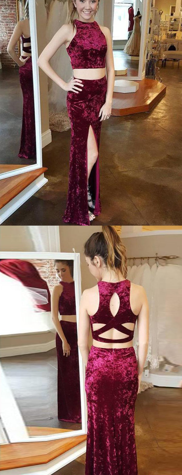 Burgundy Velvet Two Piece Open Back Sheath Prom Dresses,PD00335 AlineBridal Burgundy Velvet Two Piece Open Back Sheath Prom Dresses,PD00335 AlineBridal