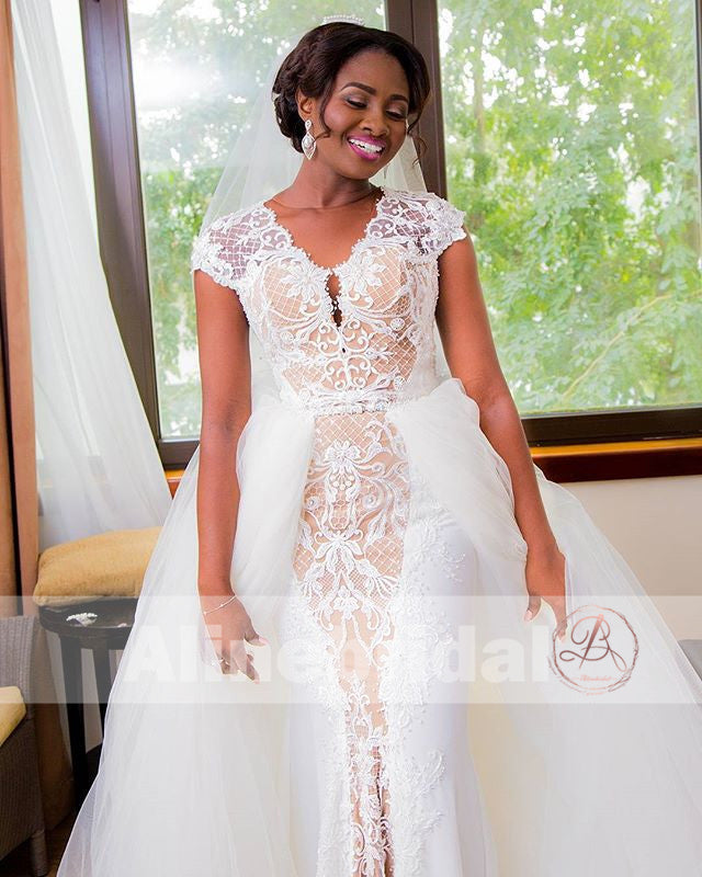 Cap Sleeves Detachable Over-skirt Lace Nude Lining Wedding Dresses , A AlineBridal Cap Sleeves Detachable Over-skirt Lace Nude Lining Wedding Dresses , A AlineBridal