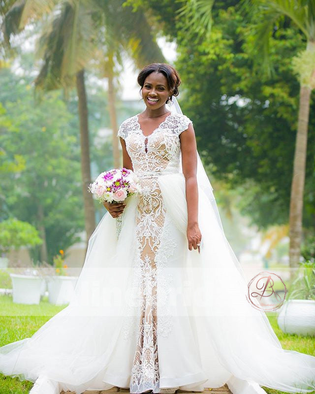 Cap Sleeves Detachable Over-skirt Lace Nude Lining Wedding Dresses , A AlineBridal Cap Sleeves Detachable Over-skirt Lace Nude Lining Wedding Dresses , A AlineBridal