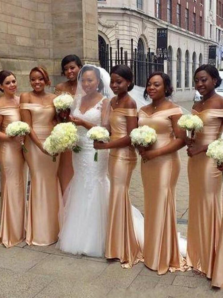 Champagne Gold Off-shoulder Sweetheart Mermaid Long Bridesmaid Dress, AlineBridal Champagne Gold Off-shoulder Sweetheart Mermaid Long Bridesmaid Dress, AlineBridal