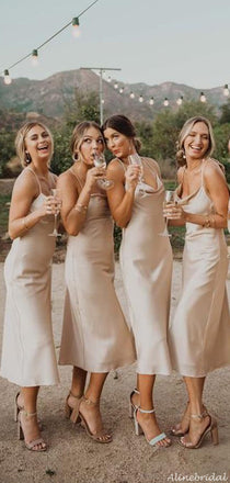 Sexy Champagne Spaghetti Strap Open Back Mermaid Cheap Midi Bridsmaid Dress, BD3005