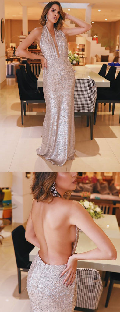 Sequin Halter Backless Sheath Sparkly Prom Dresses ,PD00312