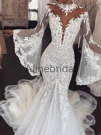 Gorgeous Long Sleeve Elegant Long See Through Lace Tulle Wedding Dresses, WD0093