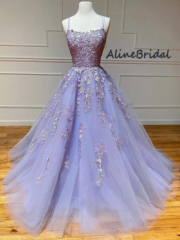 Charming Spaghetti Strap Lace Tulle A-line Long Prom Dresses, PD3018