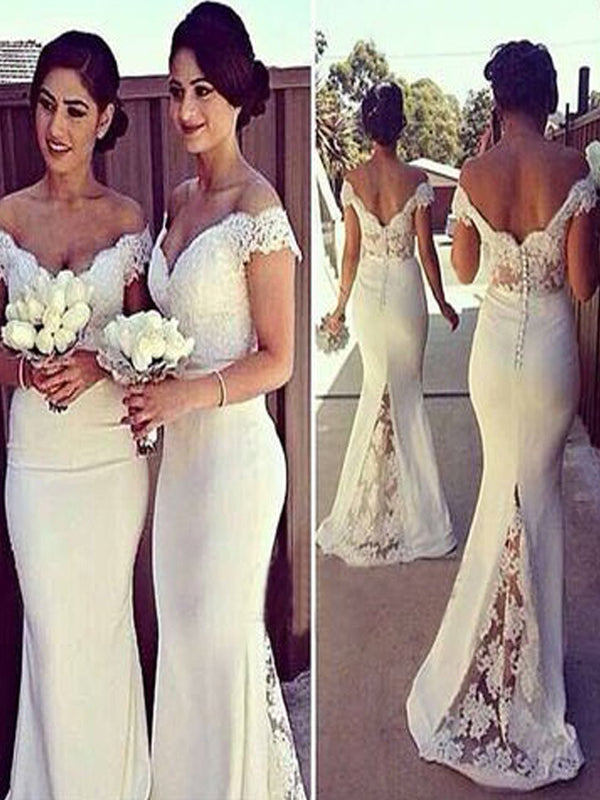 Charming White Long Cap Sleeve Lace Off Shoulder Mermaid Sexy Long Bridesmaid Dresses, WG10