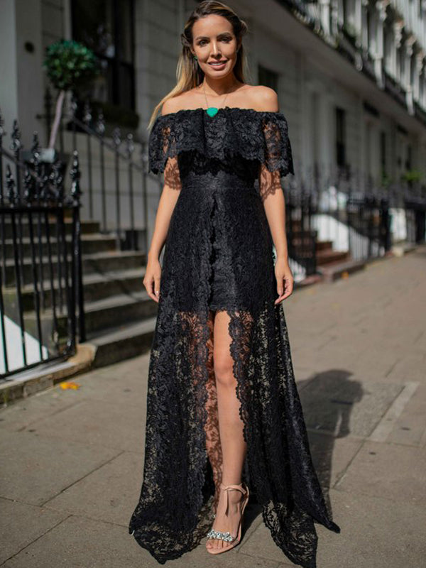 Charming Black Lace Off Shoulder Front Slit A-line Prom Dresses.PD0026 AlineBridal Charming Black Lace Off Shoulder Front Slit A-line Prom Dresses.PD0026 AlineBridal