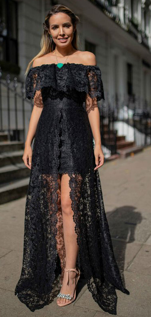 Charming Black Lace Off Shoulder Front Slit A-line Prom Dresses.PD00269