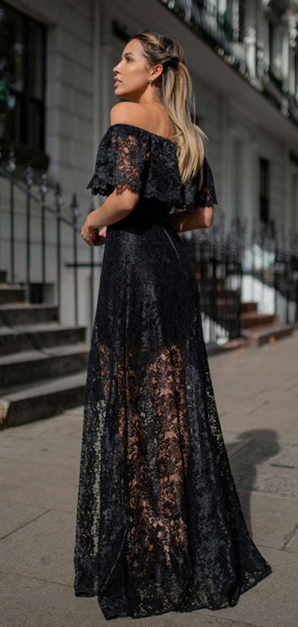 Charming Black Lace Off Shoulder Front Slit A-line Prom Dresses.PD0026 AlineBridal Charming Black Lace Off Shoulder Front Slit A-line Prom Dresses.PD0026 AlineBridal