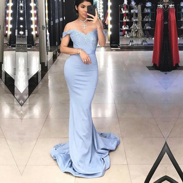 Charming Blue Lace Off Shoulder Mermaid Long Prom Gown Dresses,PD00042