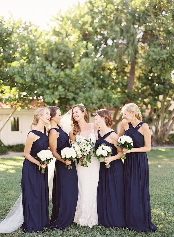 Charming Inexpensive Navy Blue Chiffon Sleeveless Backless Long Brides AlineBridal
