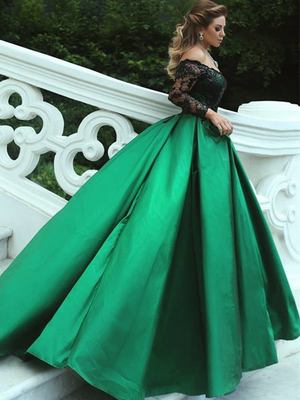 Charming Off Shoulder Black Appliques Green Satin Ball Gown Prom Gown Dresses PD00047