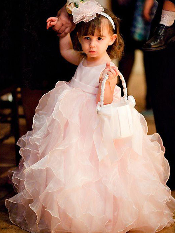 Charming Organza Ruffles Ball Gown Ivory Long Flower Girl Dresses FGS AlineBridal