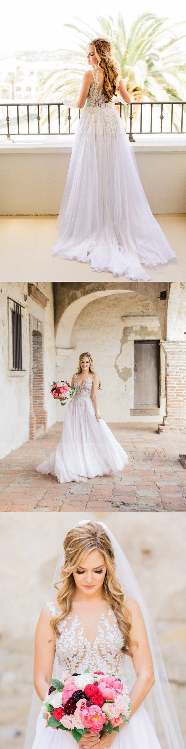 Charming See Through Applique Top Chiffon Beach Wedding Dresses, AB116   AlineBridal