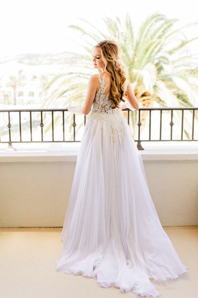 Charming See Through Applique Top Chiffon Beach Wedding Dresses, AB116 AlineBridal Charming See Through Applique Top Chiffon Beach Wedding Dresses, AB116 AlineBridal