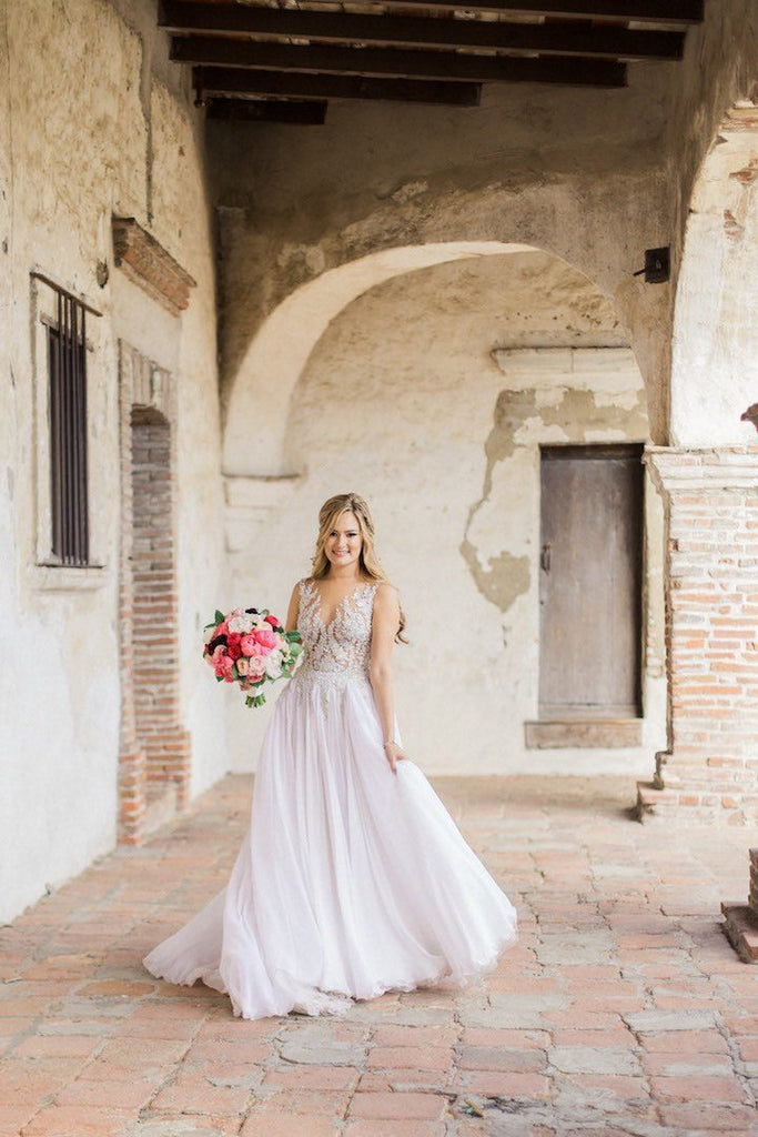 Charming See Through Applique Top Chiffon Beach Wedding Dresses, AB116 AlineBridal Charming See Through Applique Top Chiffon Beach Wedding Dresses, AB116 AlineBridal