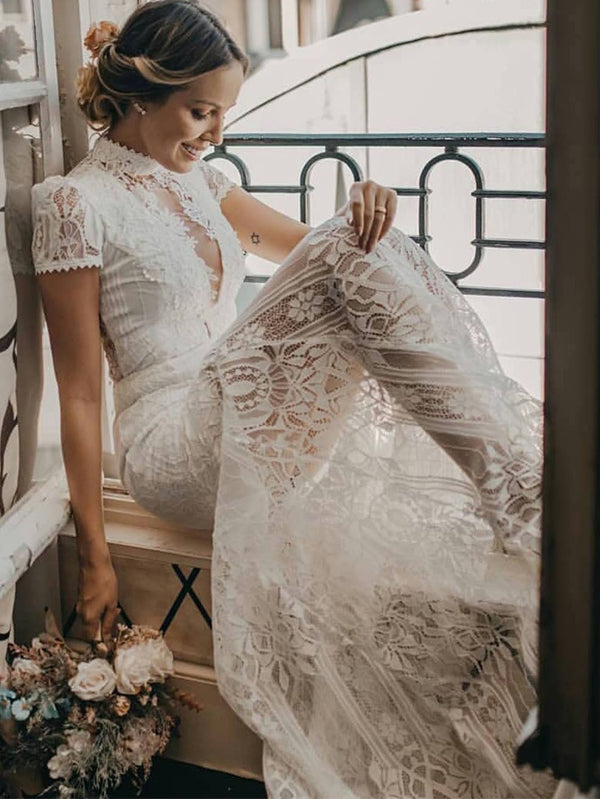 Charming Vintage Lace High Neck See Through Sheath Wedding Dresses