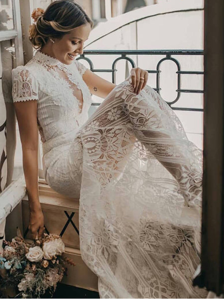 Charming Vintage Lace High Neck See Through Sheath Wedding Dresses, AB – AlineBridal