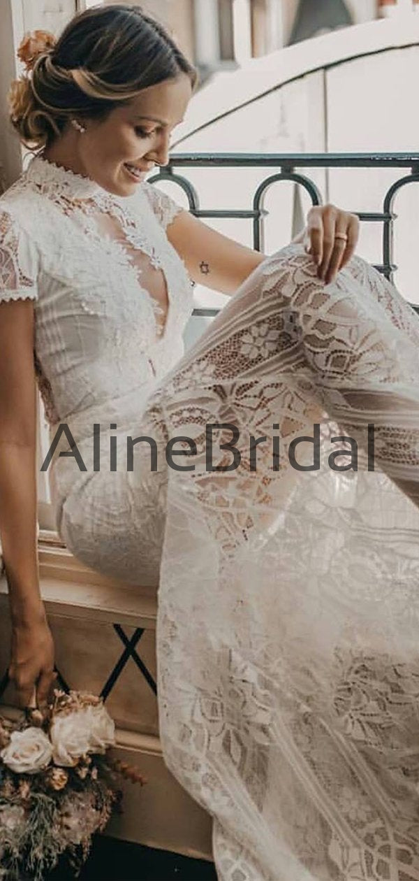 Charming Vintage Lace High Neck See Through Sheath Wedding Dresses, AB AlineBridal Charming Vintage Lace High Neck See Through Sheath Wedding Dresses, AB AlineBridal
