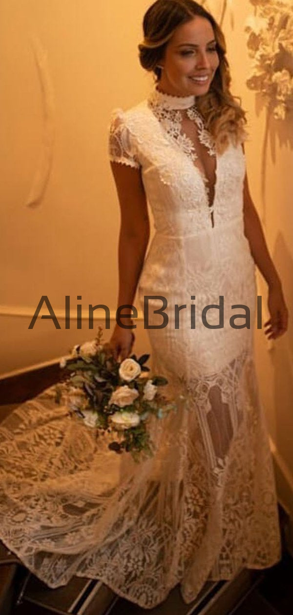 Charming Vintage Lace High Neck See Through Sheath Wedding Dresses