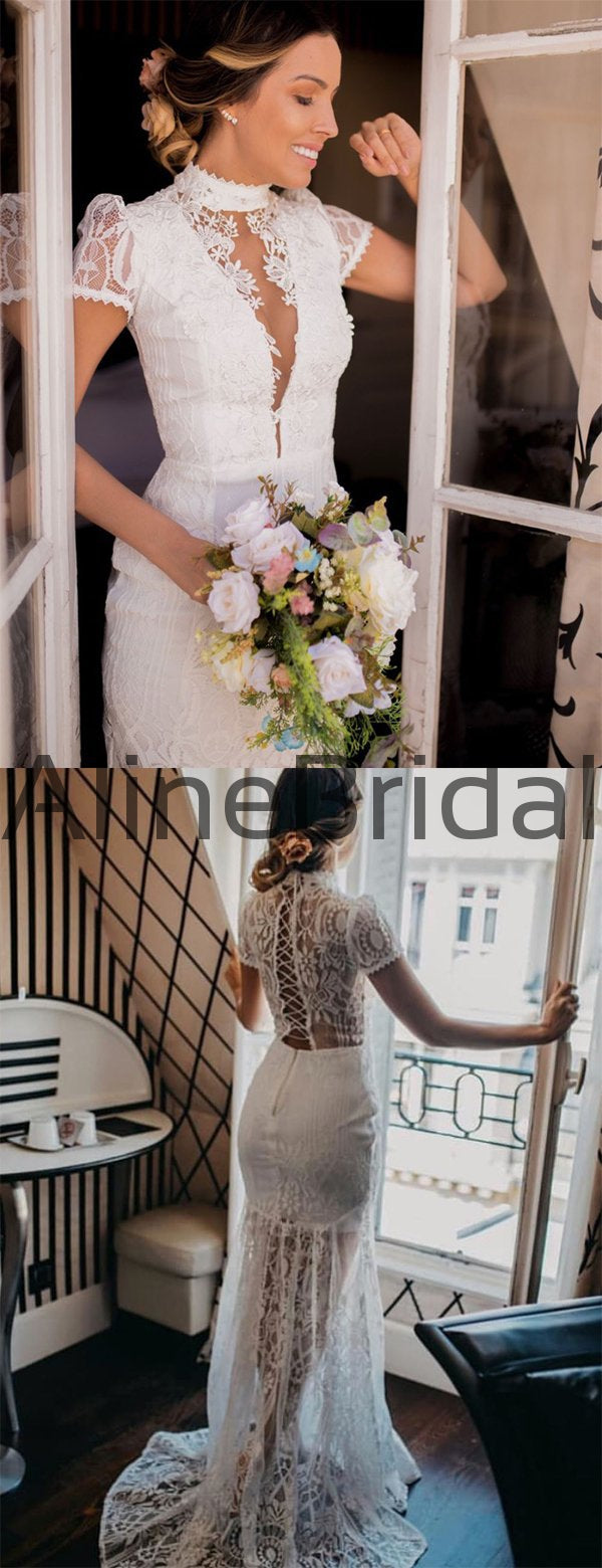 knee length dresses for ladies Charming Vintage Lace High Neck See Through Sheath Wedding Dresses, AB –  AlineBridal
