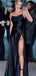 Cheap Black Spaghetti Straps Side Slit Mermaid Prom Dresses PD1019