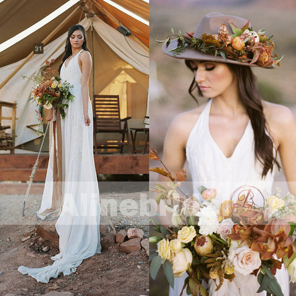 beach wedding dresses halter neck Halter V-Neck Sleeveless Pleated Empire Waist A-Line Beach Wedding Dre –  Loveiss