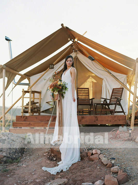 Cheap Lace Top Chiffon Halter Wedding Dresses For Beach Wedding , AB1155