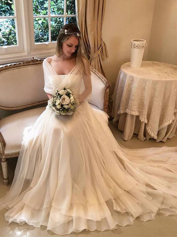 Ethereal Strapless A-line Layered Chiffon Wedding Dresses with Train, AlineBridal Ethereal Strapless A-line Layered Chiffon Wedding Dresses with Train, AlineBridal