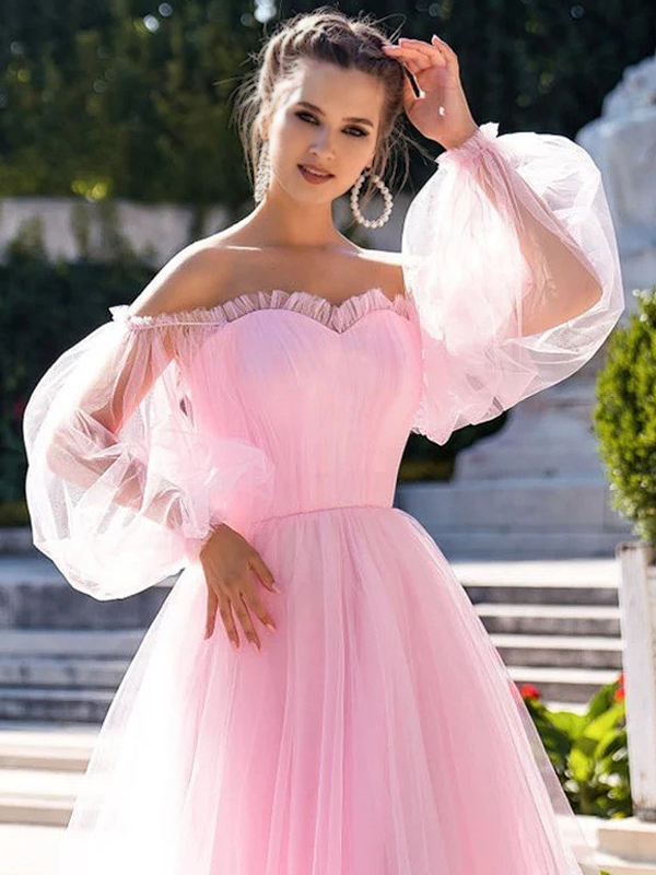 Cute Sweetheart Off-shoulder Tulle A-line Long Prom Dress, PD3067
