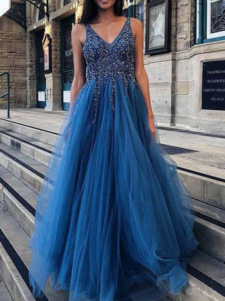 Dark Blue Tulle Sequin Beads V-neck Backless Prom Dresses ,PD00362 – AlineBridal