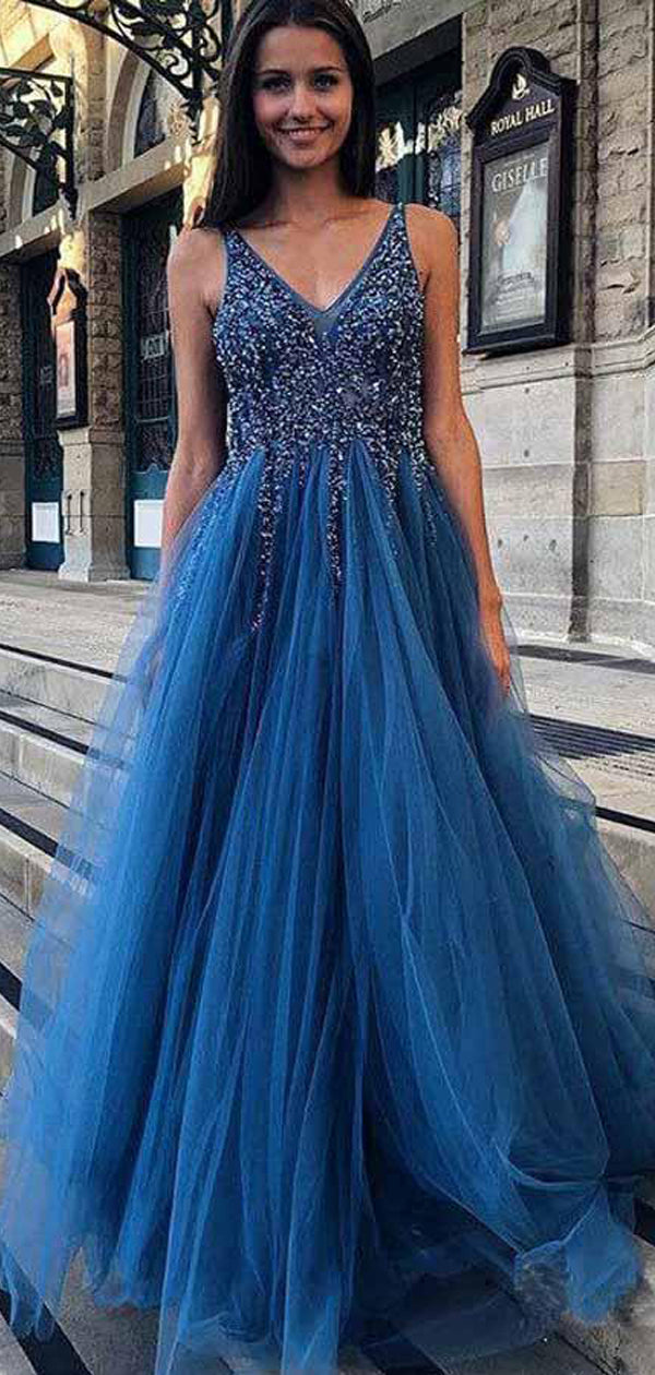 Dark Blue Tulle Sequin Beads V-neck Backless Prom Dresses ,PD00362 –  AlineBridal