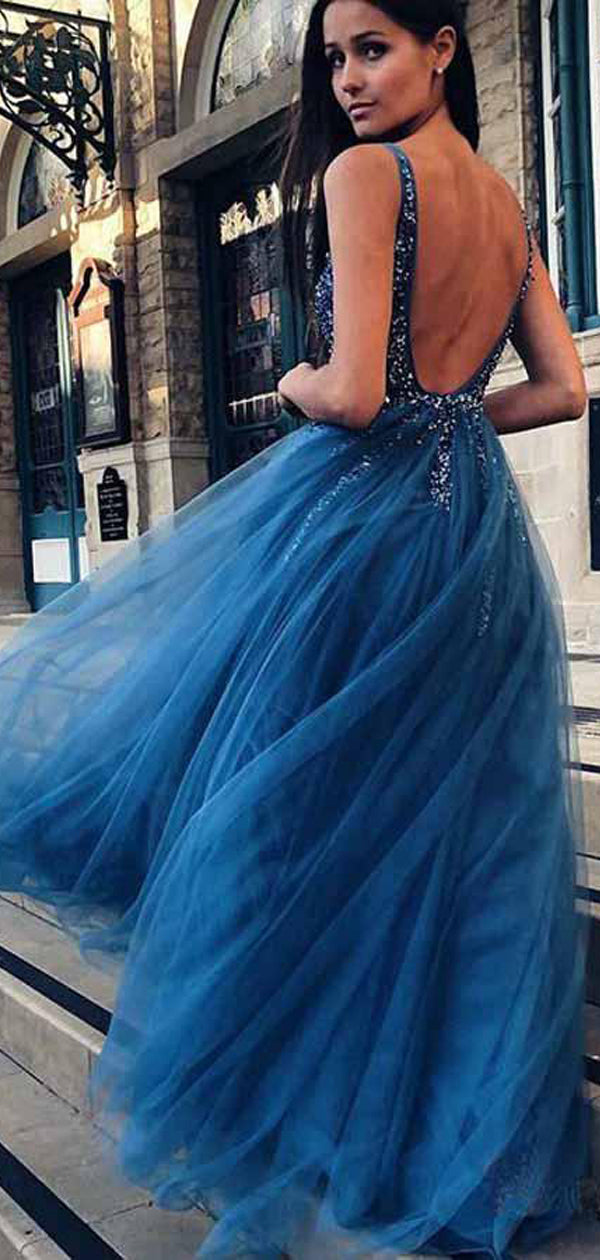 Dark Blue Tulle Sequin Beads V neck Backless Prom Dresses PD00362