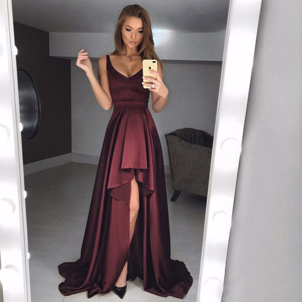 Dark Burgundy Soft Satin High Low Sleeveless Long Prom Dresses ,PD0152 – AlineBridal