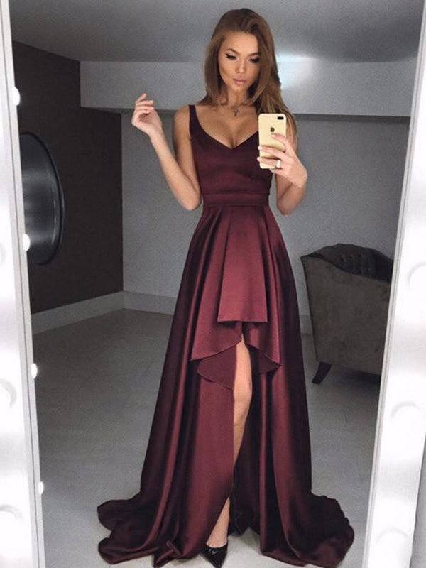 Free Shipping Simple A Line V Neck Burgundy Long Prom Dresses with Split, Burgundy  Formal Graduation Evening Dresses VK0505004 – Vickidress