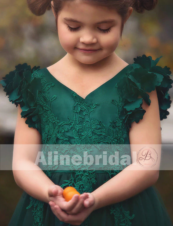 Dark Green Appliques Tulle Pretty Sleeveless Long Flower Girl Dresses, –  AlineBridal