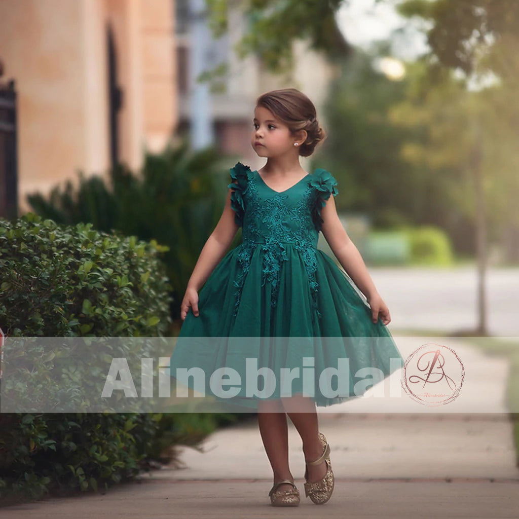 Dark Green Appliques Tulle Pretty Sleeveless Short Flower Girl Dresses ...