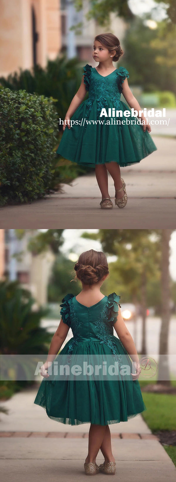 Dark Green Appliques Tulle Pretty Sleeveless Short Flower Girl Dresses AlineBridal Dark Green Appliques Tulle Pretty Sleeveless Short Flower Girl Dresses AlineBridal