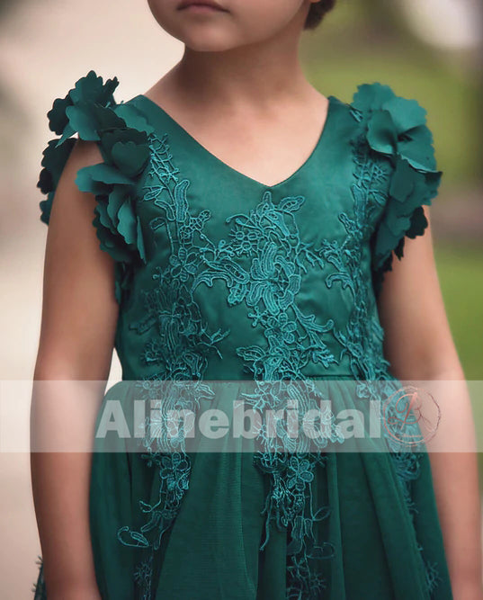 Dark Green  Appliques Tulle Pretty Sleeveless Short Flower Girl Dresses , FGS076