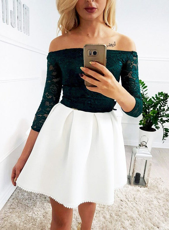 Dark Green Lace Top Ivory Satin Off Shoulder Simple Homecoming Dresses AlineBridal Dark Green Lace Top Ivory Satin Off Shoulder Simple Homecoming Dresses AlineBridal