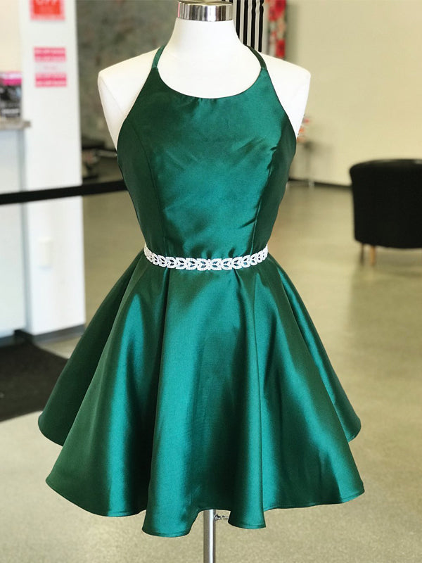 Dark Green Satin Spaghetti Strap Halter Open Back Homecoming Dresses,H AlineBridal Dark Green Satin Spaghetti Strap Halter Open Back Homecoming Dresses,H AlineBridal