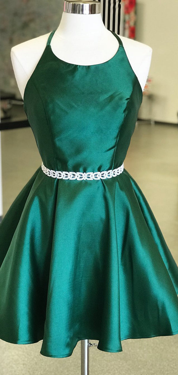 Dark Green Satin Spaghetti Strap Halter Open Back Homecoming Dresses,H   AlineBridal