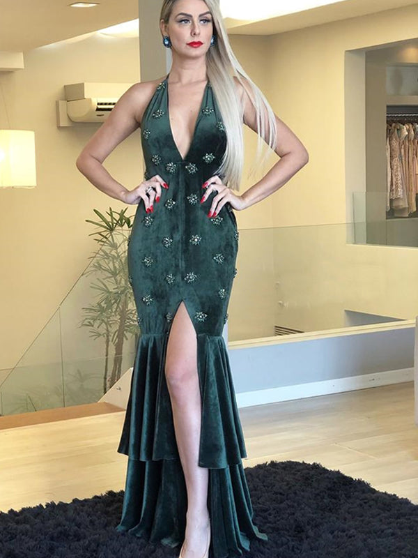 Dark Green Velvet Beading Mermaid Halter Slit Prom Dresses.PD00260 AlineBridal