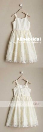 Dark Ivory Lace Spaghetti Straps A-line Flower Girl Dresses, FGS094