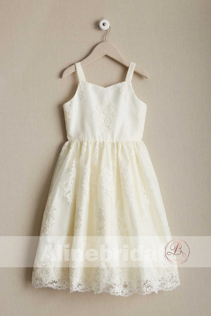 Dark Ivory Lace Spaghetti Straps A-line Flower Girl Dresses, FGS094