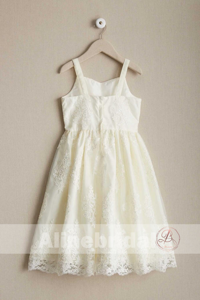 Dark Ivory Lace Spaghetti Straps A-line Flower Girl Dresses, FGS094
