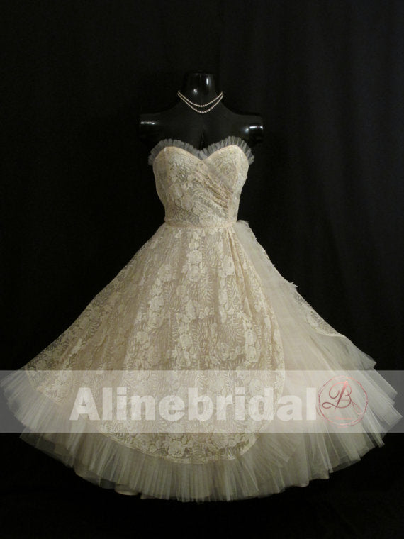 Dark Ivory Lace Sweetheart Strapless Vintage Homecoming Dresses,HD0006