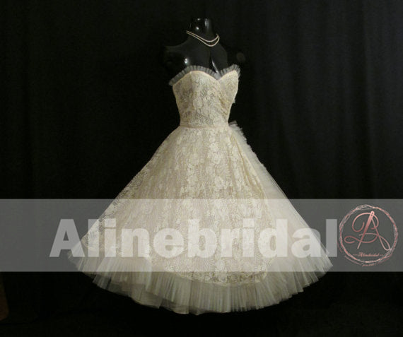 Dark Ivory Lace Sweetheart Strapless Vintage Homecoming Dresses,HD0006
